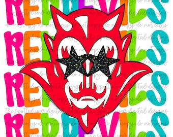 Op de afbeelding: Red Devils-afbeelding met een rode cartoon-duivel die een zonnebril met glittersterren draagt. De duivel heeft hoorns en een puntige staart. De achtergrond is wit met de woorden "Red Devils" die in verschillende kleuren worden herhaald.