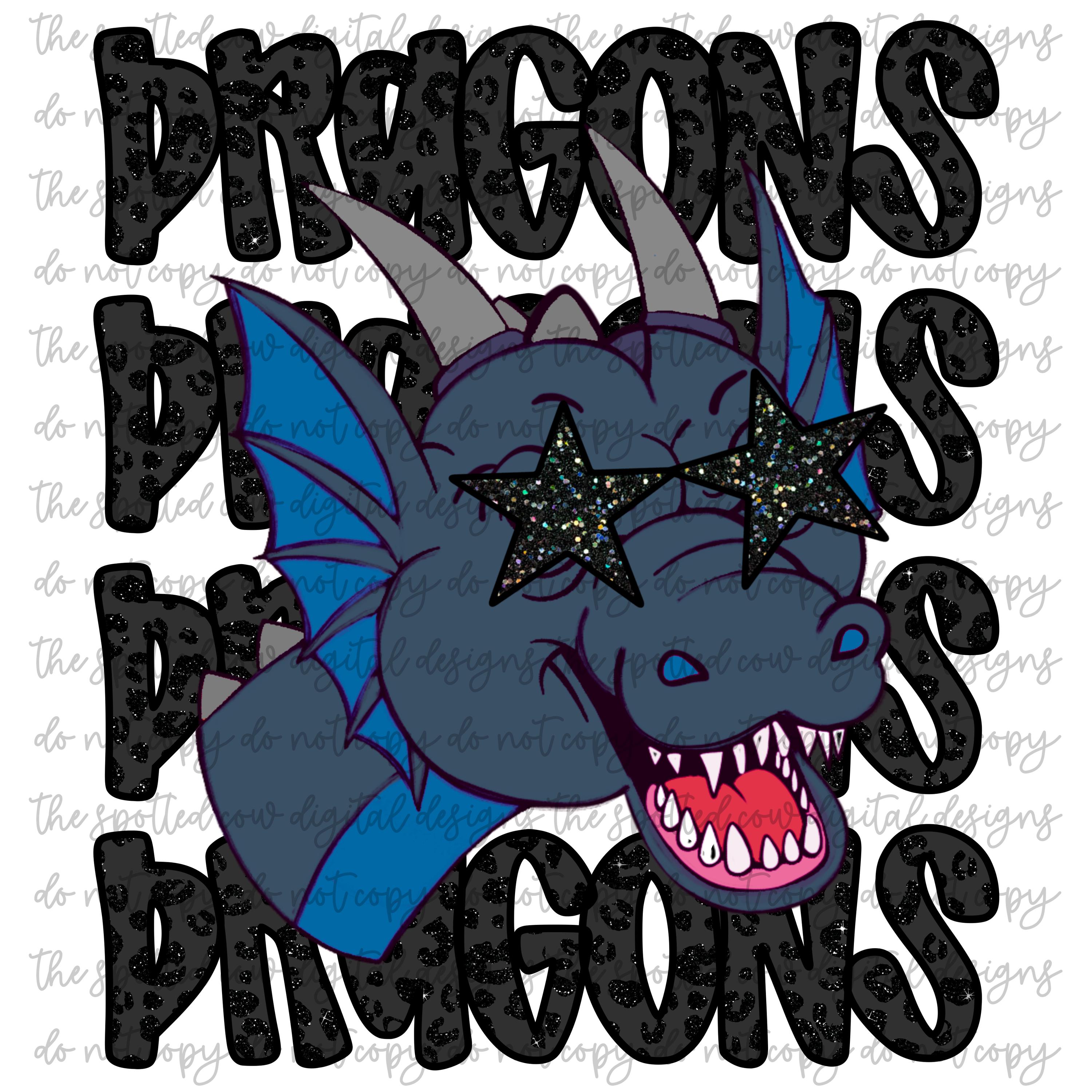 Preppy Black Leopard Star-Eyed Blue Dragons Mascot PNG