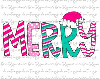 Preppy Merry Christmas Doodle Pink Christmas PNG