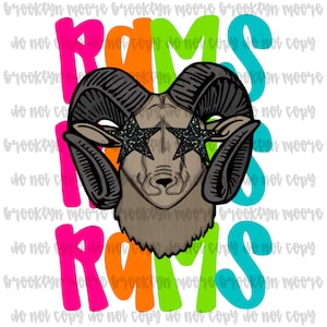 May include: A graphic design featuring a ram's head with star-shaped sunglasses. The word "RAMS" is displayed in bright pink, orange, green, and teal letters. The design is on a white background.
