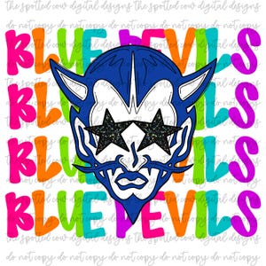 May include: A blue cartoon devil with horns and a white face wearing star-shaped sunglasses. The devil is surrounded by the text "BLUE DEVILS" in a rainbow of colors.