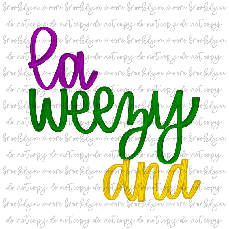 Pu&ograve; includere: Laissez les bons temps rouler! Un design viola, verde e oro con le parole "La", "Weezy" e "and" in un font fantasioso.