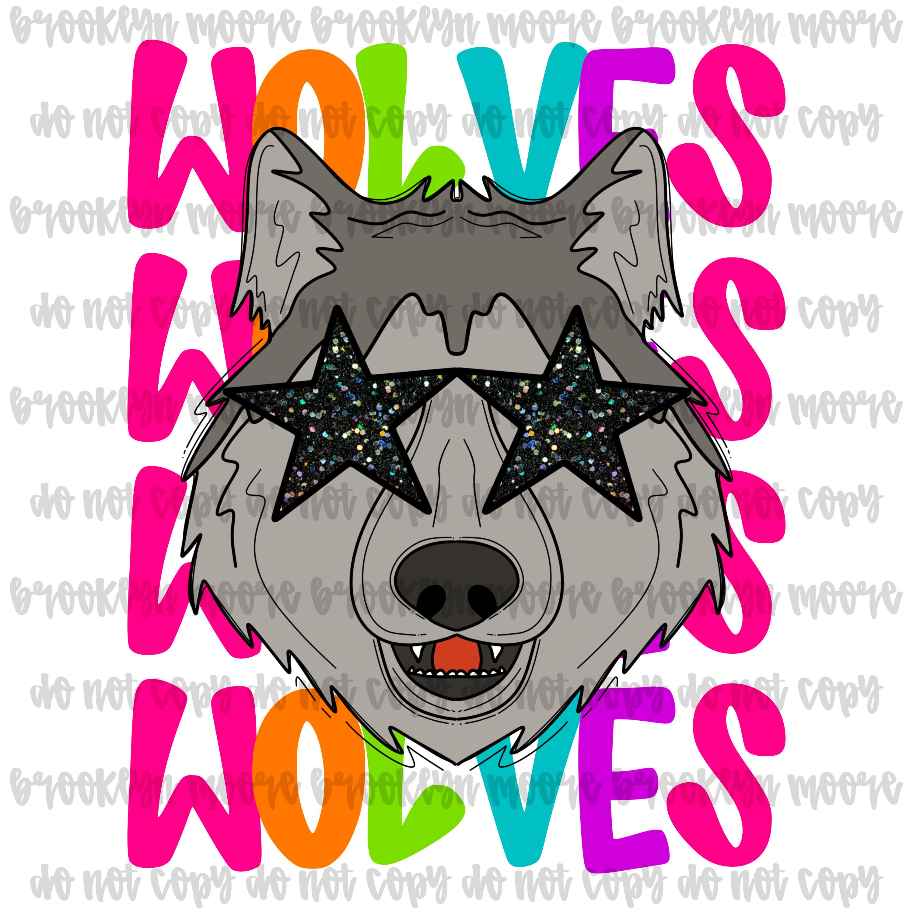 Preppy Neon Star-Eyed Wolves Mascot PNG