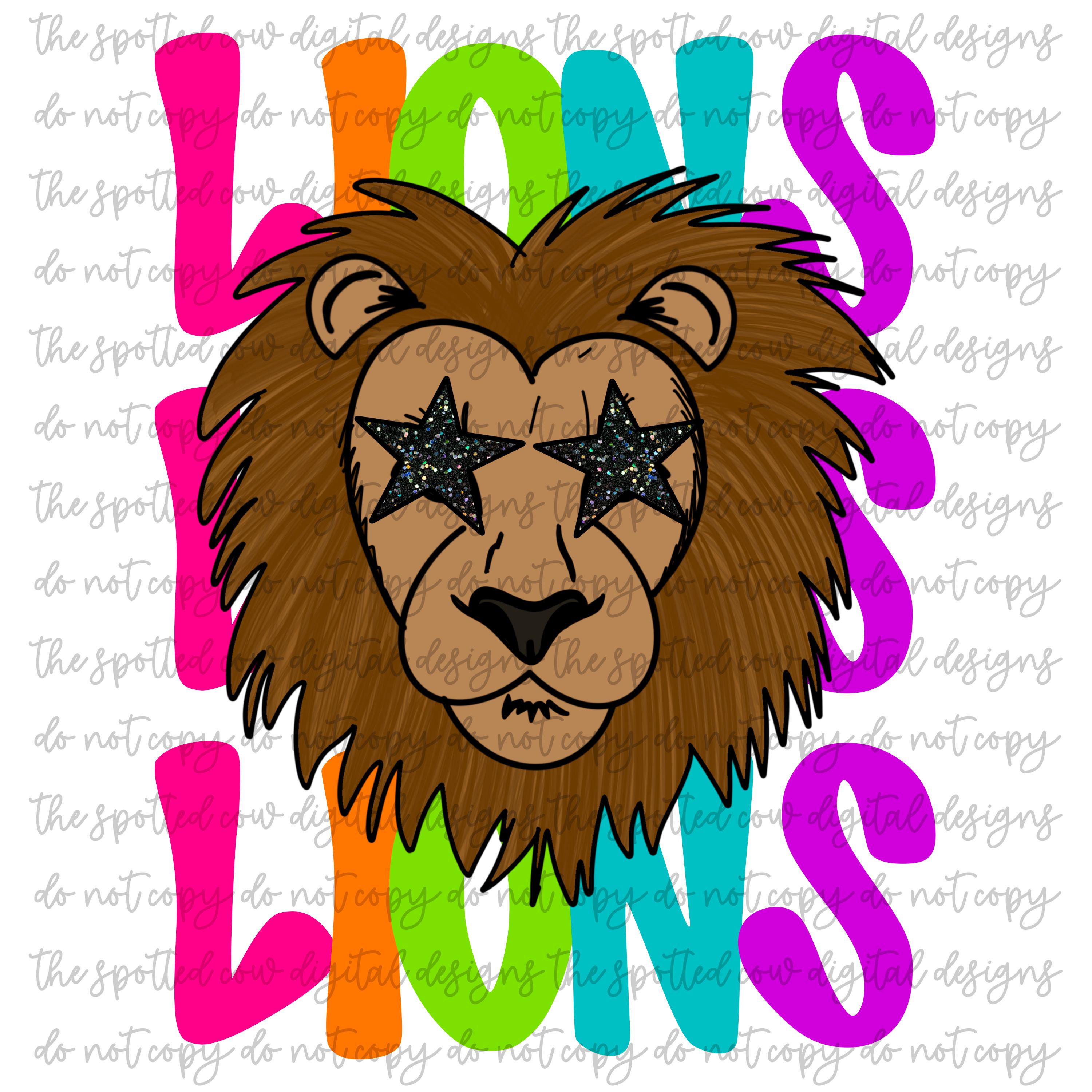 Preppy Neon Star-Eyed Lions Mascot PNG