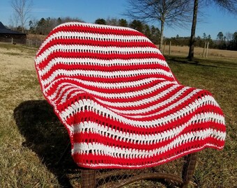 Hecho a mano manta afgana ganchillo silla de la silla de la silla del tamaño, rojo & blanco, Vintage?