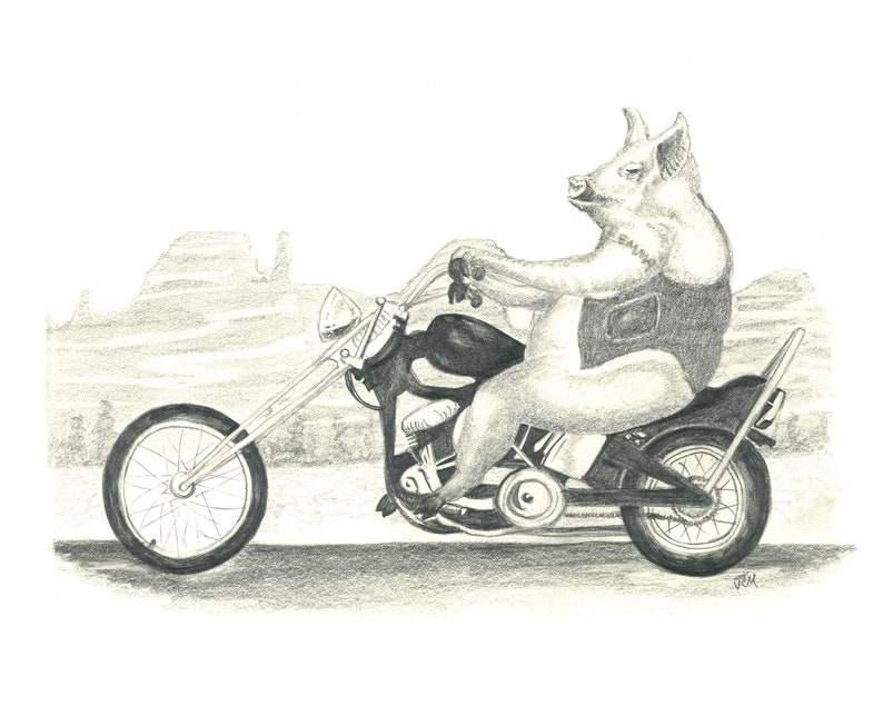Hog Riding on Motorcycle Pencil Drawing - Etsy