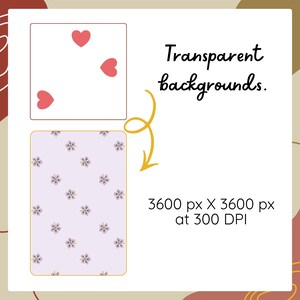 May include: A digital graphic featuring two rectangular panels. The top panel shows three red hearts on a white background. The bottom panel displays a light purple background with a repeating pattern of small flowers. Text reads Transparent backgrounds.