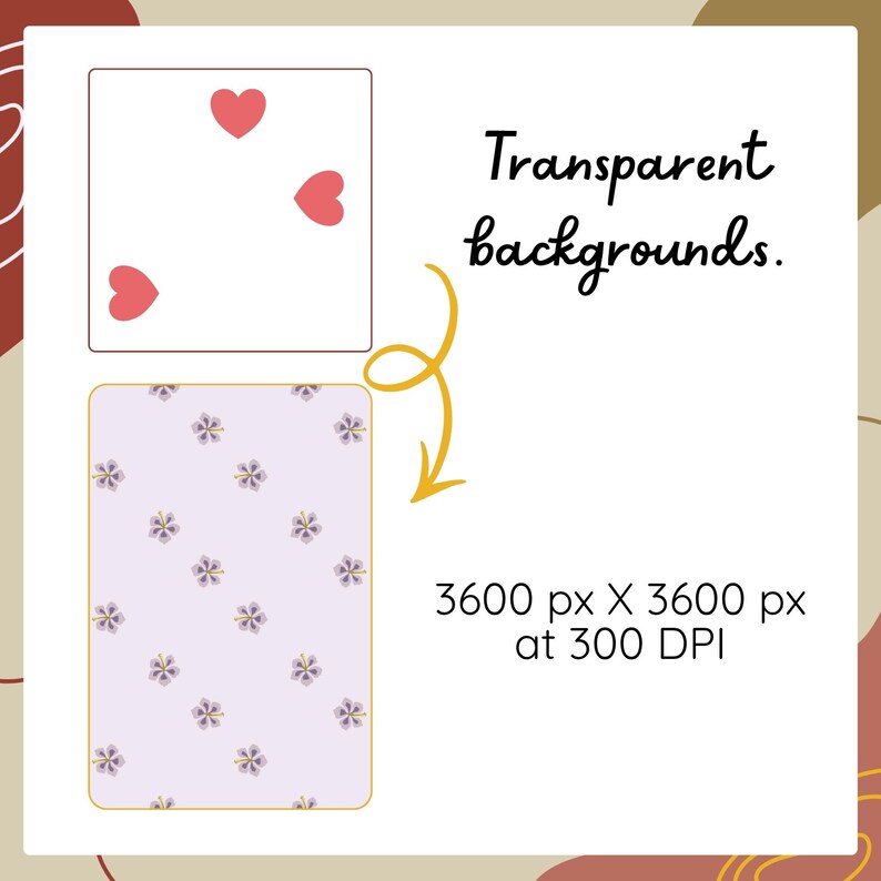 May include: A digital graphic featuring two rectangular panels. The top panel shows three red hearts on a white background. The bottom panel displays a light purple background with a repeating pattern of small flowers. Text reads Transparent backgrounds.