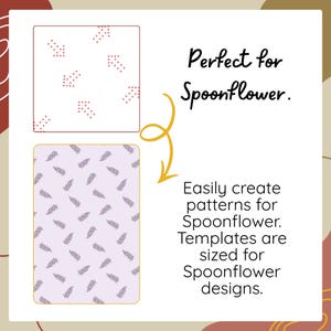 May include: Two rectangular templates for digital design. The top template features a white background with a repeating pattern of small red dotted arrows. The bottom template has a light purple background with a repeating pattern of dark purple fern leaves. Text reads: Perfect for Spoonflower. Easily create patterns for Spoonflower. Templates are sized for Spoonflower designs.