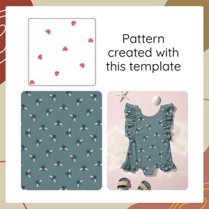May include: A design template featuring a white square with scattered red hearts, a teal fabric pattern with repeating bee illustrations, and a teal one-piece swimsuit with ruffled sleeves and a bee print, with text reading Pattern created with this template.