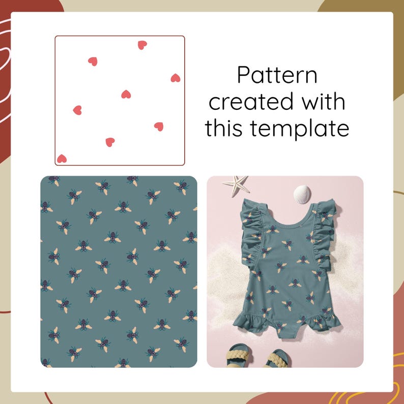 May include: A design template featuring a white square with scattered red hearts, a teal fabric pattern with repeating bee illustrations, and a teal one-piece swimsuit with ruffled sleeves and a bee print, with text reading Pattern created with this template.