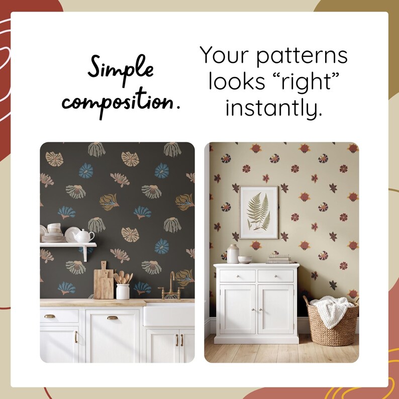 May include: A graphic display featuring the text Simple composition. Your patterns looks right instantly. Two interior scenes show wallpaper with floral motifs: one with a dark gray background and one with a light beige background.