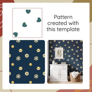 May include: A template featuring dark teal hearts on a white background, alongside a dark blue pattern of yellow and white flowers. The text reads, Pattern created with this template, shown applied to a wall behind a white cabinet and basket.