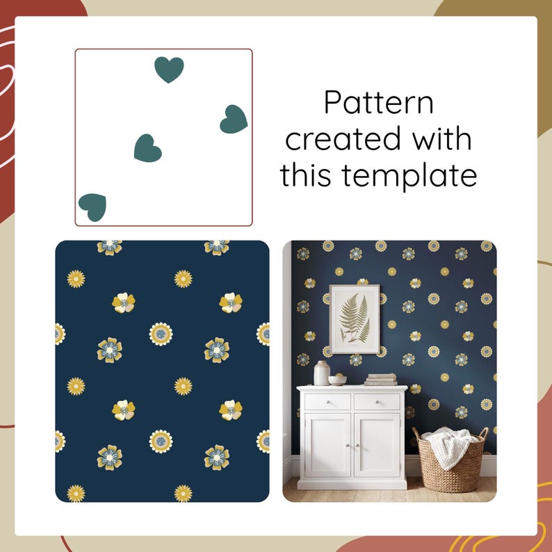 May include: A template featuring dark teal hearts on a white background, alongside a dark blue pattern of yellow and white flowers. The text reads, Pattern created with this template, shown applied to a wall behind a white cabinet and basket.