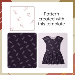 May include: A dress with a dark purple base and a repeating light gray fern leaf pattern. The text "Pattern created with this template" appears above a square graphic showing the fern design and a separate square showing the dress itself.