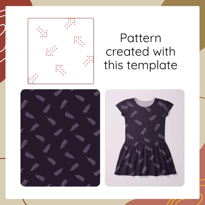 May include: A dress with a dark purple base and a repeating light gray fern leaf pattern. The text "Pattern created with this template" appears above a square graphic showing the fern design and a separate square showing the dress itself.