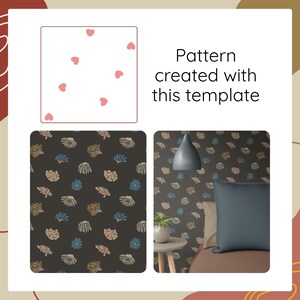 May include: A design template featuring a white square with small pink hearts, alongside a dark gray pattern of stylized floral shapes in blue and tan. The text reads: Pattern created with this template. A room view shows the pattern on a wall.