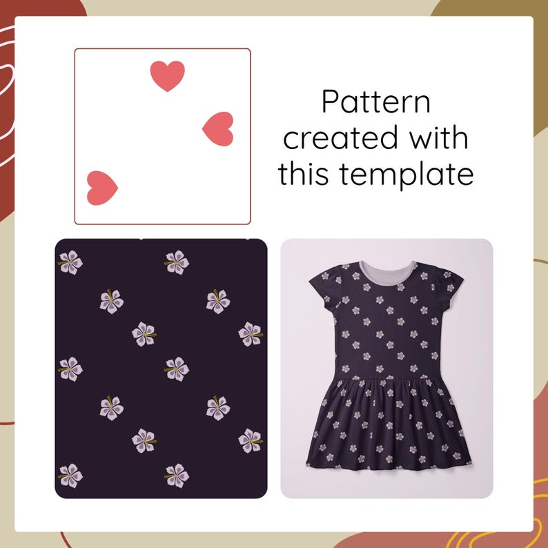 May include: A design template featuring three pink hearts, the text "Pattern created with this template," a dark purple fabric swatch with a repeating light purple flower print, and a short-sleeved dress with the same floral pattern.