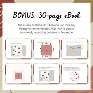 May include: A 30-page digital eBook guide featuring instructional text and six diagrams. The content explains how to use Easy Peasy Pattern templates and create repeating patterns in Procreate, with illustrations showing steps and arrows.