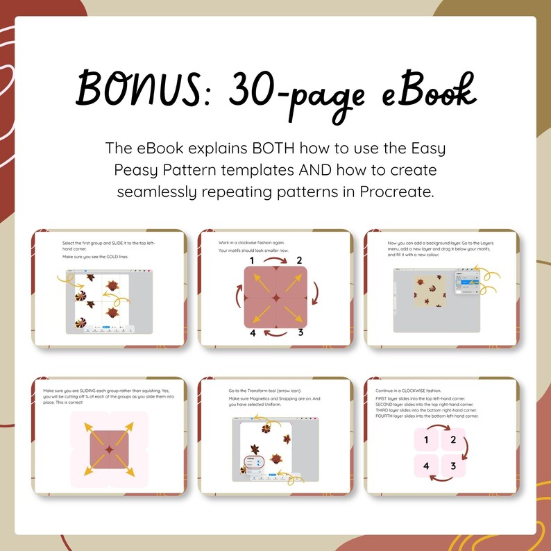 May include: A 30-page digital eBook guide featuring instructional text and six diagrams. The content explains how to use Easy Peasy Pattern templates and create repeating patterns in Procreate, with illustrations showing steps and arrows.