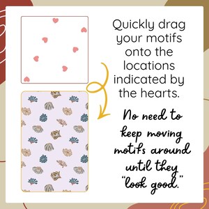 May include: A digital graphic showing two rectangular panels. The top panel is white with small pink hearts. The bottom panel is light purple with a repeating pattern of blue and tan floral motifs. A yellow arrow points between them with text.