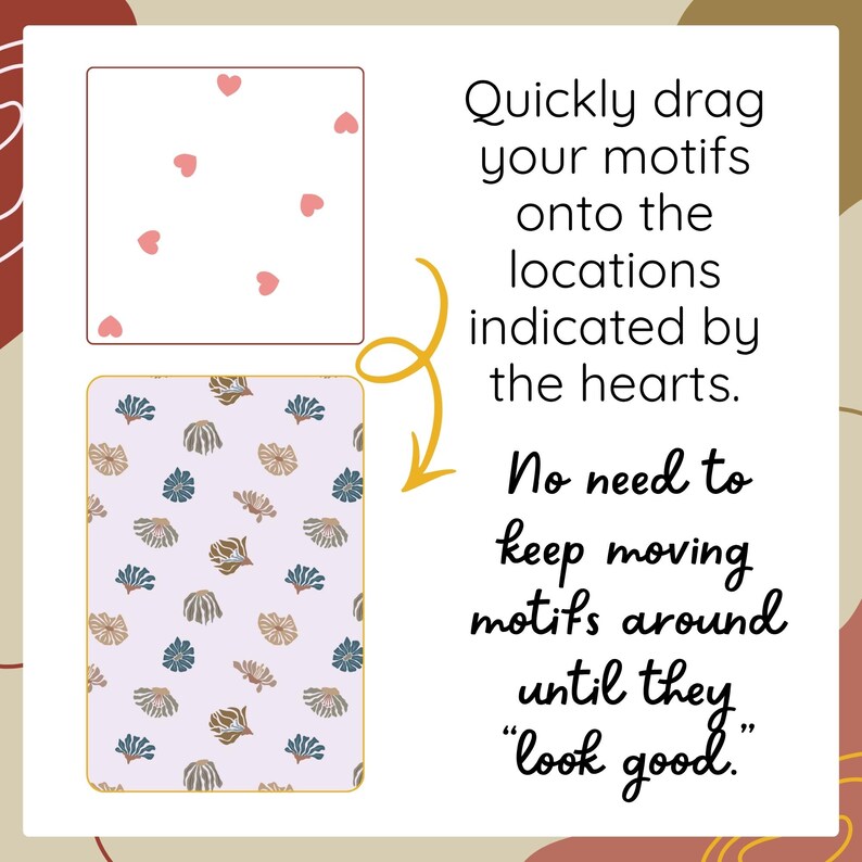 May include: A digital graphic showing two rectangular panels. The top panel is white with small pink hearts. The bottom panel is light purple with a repeating pattern of blue and tan floral motifs. A yellow arrow points between them with text.