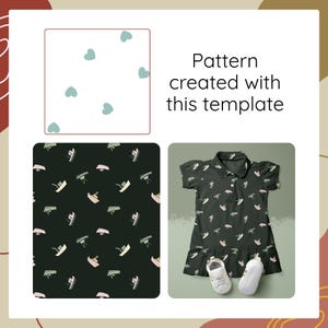 May include: A digital design template featuring a white square with light blue hearts, a black square with a repeating boat pattern, and a dark green polo dress with the same boat pattern, accompanied by white shoes and the text Pattern created with this template.
