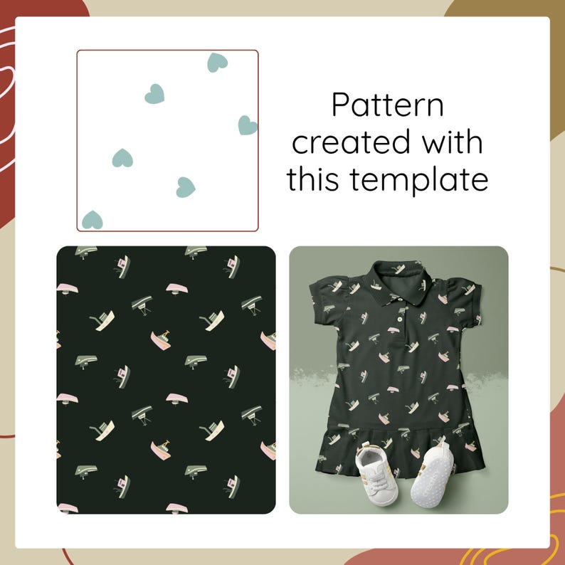 May include: A digital design template featuring a white square with light blue hearts, a black square with a repeating boat pattern, and a dark green polo dress with the same boat pattern, accompanied by white shoes and the text Pattern created with this template.