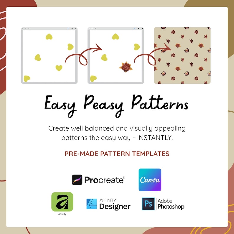 May include: A digital graphic showing a three-step process for creating patterns, labeled Easy Peasy Patterns. It includes icons for Procreate, Canva, Affinity Designer, and Adobe Photoshop. The text reads: Create well balanced and visually appealing patterns the easy way - INSTANTLY. PRE-MADE PATTERN TEMPLATES.