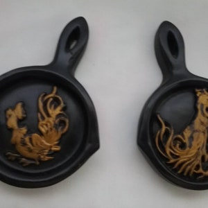1960&#39;s Pair of Chalkware Cast Iron Pans with Rooster &Hen