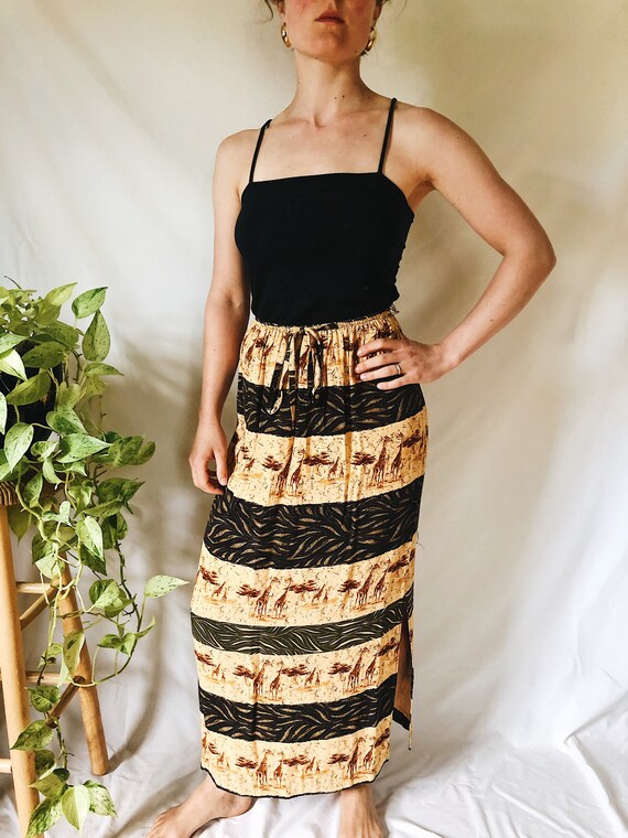Giraffe Animal Print Striped Maxi Skirt Side Slit