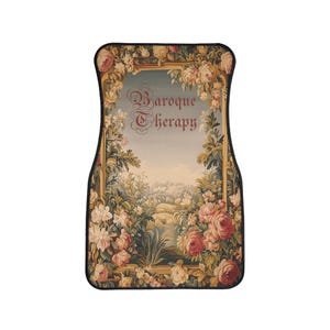 May include: A car floor mat with a floral design and a gold frame. The text "Baroque Therapy" is written in red inside the frame.