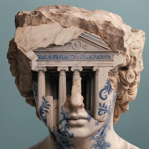 Canvas Print, RELIC Inner Ruins Art, Greco-Roman, Antique Bust, Blue Ceramics, Azulejos, Premium Matte Wall Art, Elegant Home Decor