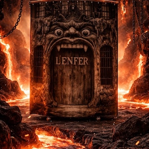 Puede incluir: Ilustración digital de una gran estructura de piedra que se asemeja a una puerta con la palabra "L'ENFER" inscrita. La puerta está situada en un paisaje de fuego con lava y cadenas, creando una escena infernal. La estructura tiene una cara tallada.