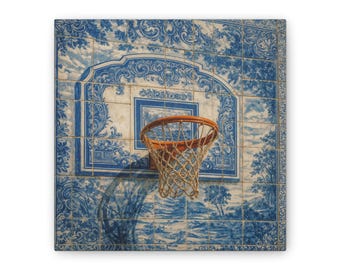 Delfter Basketball-Leinwanddruck, blau-weiße Dekorationskunst inspiriert von antiken Delfter Fliesen, Azulejo, Majolika, fertig zum Aufhängen, 20 x 20 cm