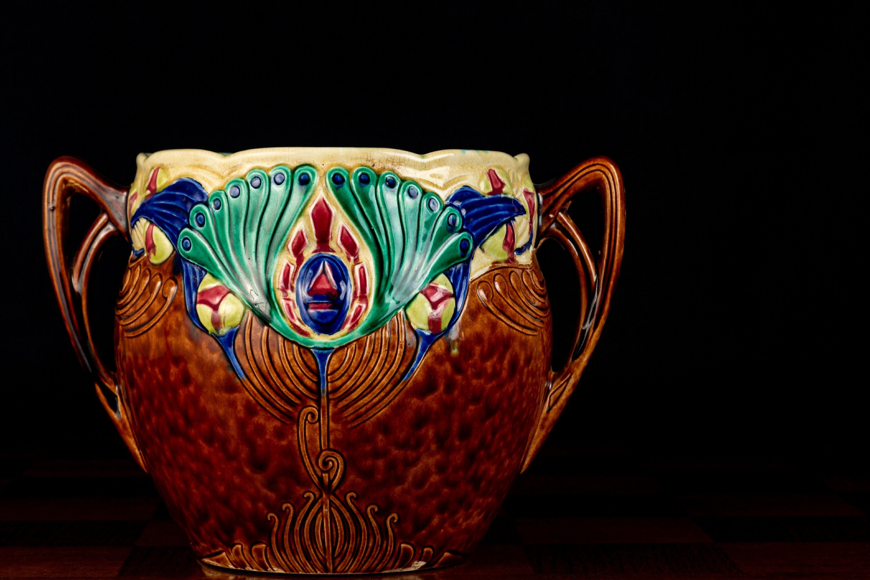 Orchies - Grand Cache-Pot Art Nouveau Faïence Fine Polychrome