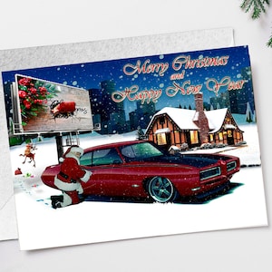 Tarjeta de Navidad vintage "Bad Santa intenta robar Pontiac Gto después de un accidente"