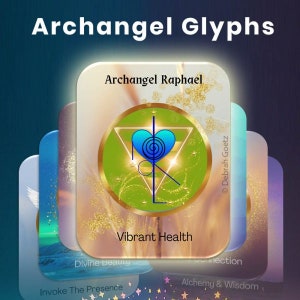 May include: A set of five cards with gold borders and a green background. Each card features a different symbol and the name of an archangel. The card in the centre features the symbol for Archangel Raphael and the text "Vibrant Health".