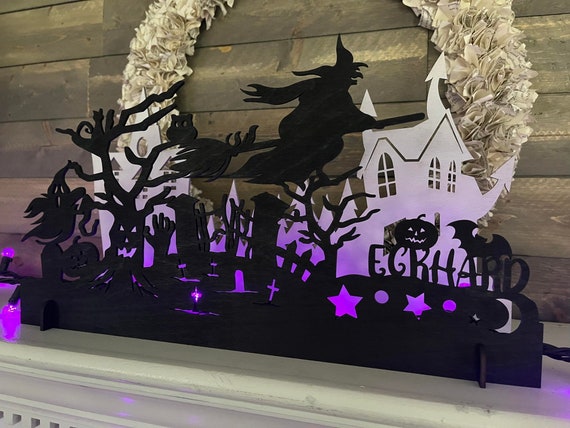 Halloween Mantel Display Candle Decor, Wood Haunted House Sign, Personalized Halloween Decor, Witch Halloween Sign, Halloween Light Display