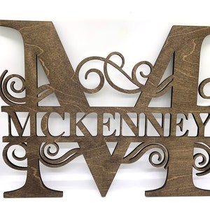 May include: Wooden sign with the last name "McKenney" cut out in the center of two large "M" letters. The letters are connected by decorative swirls.