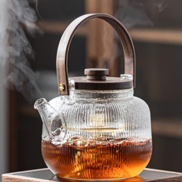 Glass Teapot - Stripe series, borosilicate glass teapot, stove top safe, tea maker, removable infuser and steam filter, minimalist design