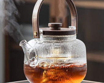 Glass Teapot - Stripe series, borosilicate glass teapot, stove top safe, tea maker, removable infuser and steam filter, minimalist design