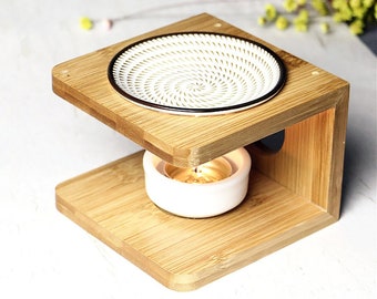 The Circle - aroma oil burner with bamboo rack and ceramic small dish and candle container, home décor, Japanese style, minimalist style