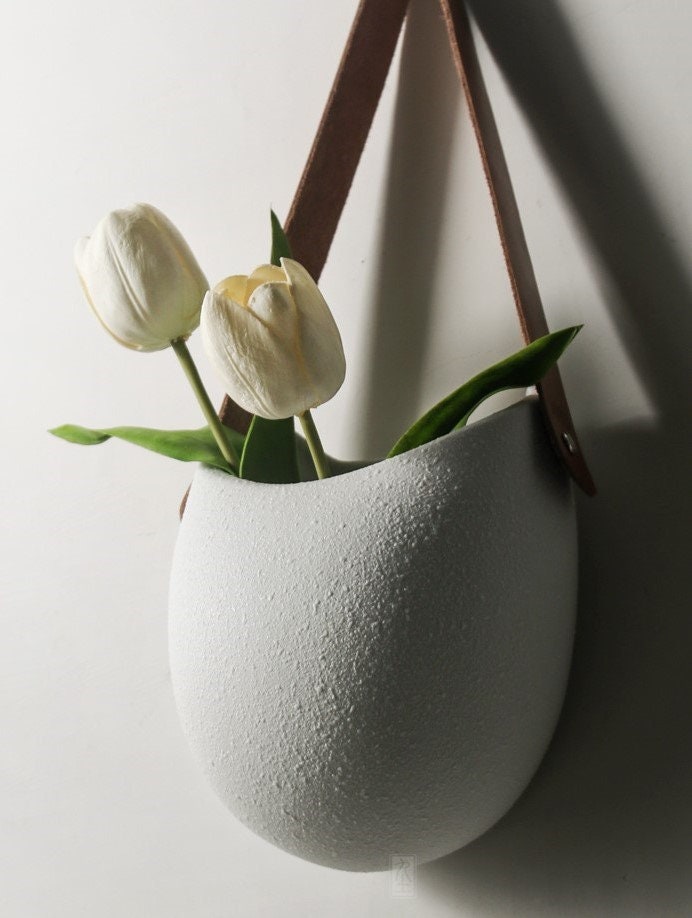 Hanging Planter With Leather Strap Handmade Pottery Wall Etsy