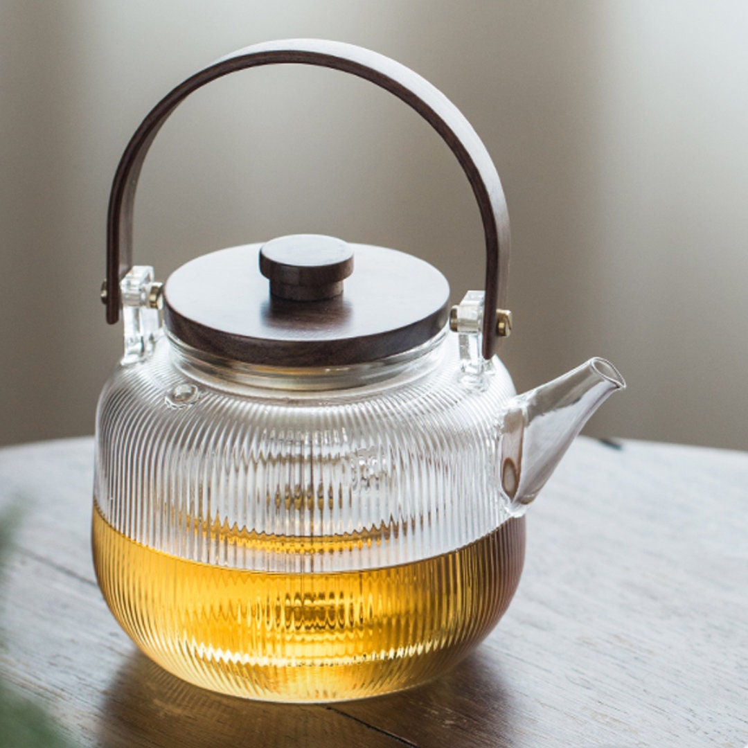 PARACITY Glass Teapot Stovetop 34 OZ/1000ml, Borosilicate Clear Tea Kettle  with Bamboo Lid, Glass Tea pot with Removable Filter Spout, Teapot Blooming