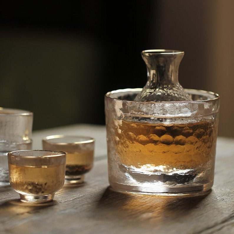 Glass Sake Set Six Pieces Handmade Glass Set Server Cups Etsy