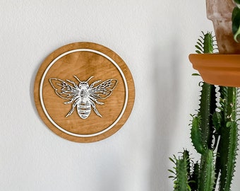 Panneau rond en forme d'abeille, panneau en bois d'abeille, panneau bohème, décoration murale rétro, décoration découpée au laser, décoration hippie, cadeau pour elle, cadeau pour lui, décoration de cuisine pour dortoir