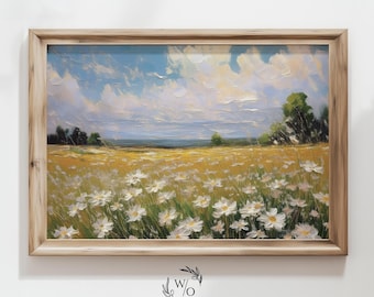 Original art spring landscape painting vintage landscape print flower field printable painting digital download digital wall art farmhouse