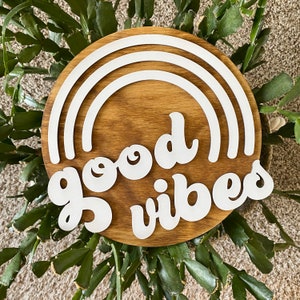 Good vibes rainbow sign hippie home decor hippie 70s decor nursery decor rainbow art round sign dorm decor office decor trendy gift for her