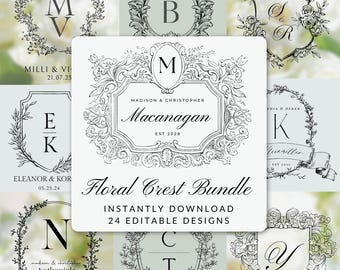 Premium wedding monogram template for logo design floral crest elegant wedding crest logo template for wedding invite monogram crest canva